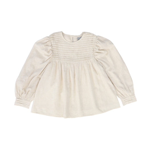 BACE COLLECTION OATMEAL PLEATED DETAIL BUBBLE SLEEVE BLOUSE [FINAL SALE]