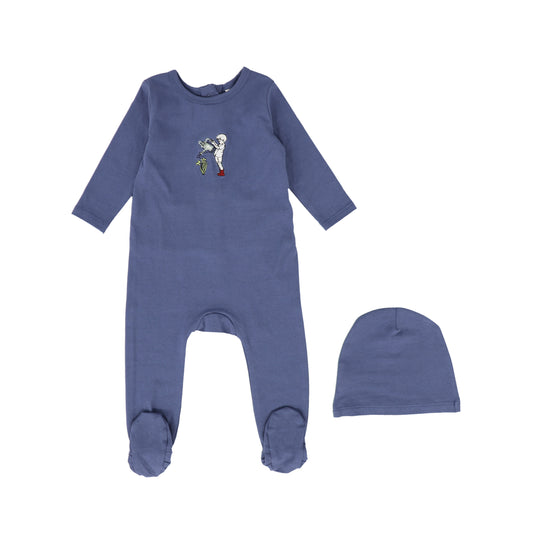 BEBE JOLEE BLUE EMBROIDERED PATCH FOOTIE & BEANIE