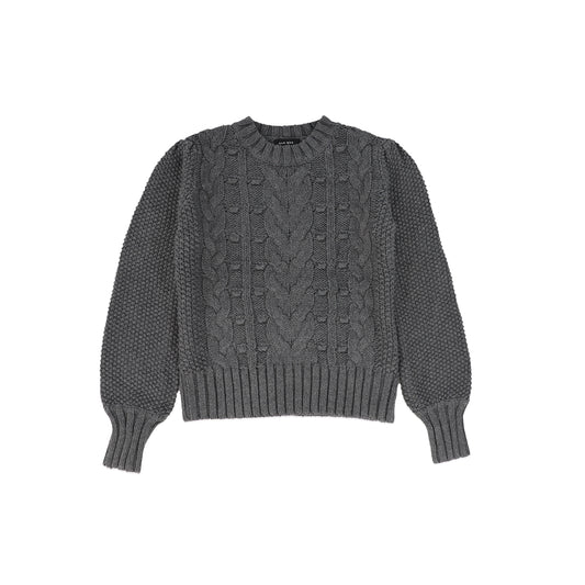 BAMBOO CHARCOAL CABLE KNIT PUFF SLEEVE SWEATER