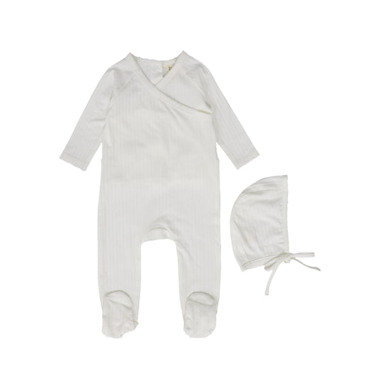 BEBE JOLEE WHITE SCALLOP TRIM RIBBED FOOTIE & BONNET [Final Sale]