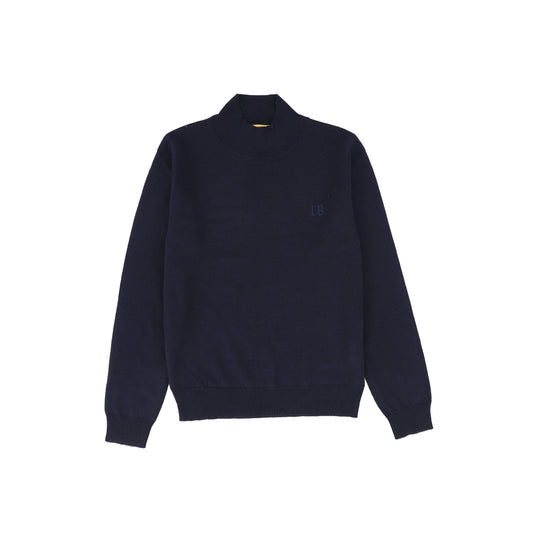 Le Bourdon Navy Silk Knit Mock Neck Sweater