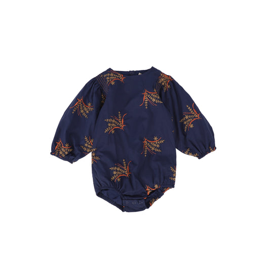 ONE CHILD NAVY/BROWN FLORAL EMBROIDERED ROMPER [FINAL SALE]