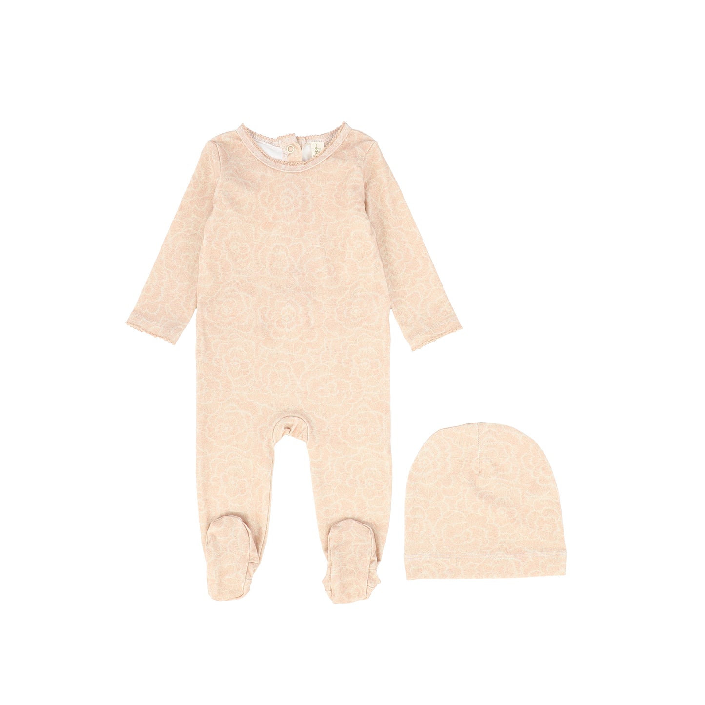 Bebe Jolee Peach Flower Print Scallop Trim Footie With Beanie [FINAL SALE]
