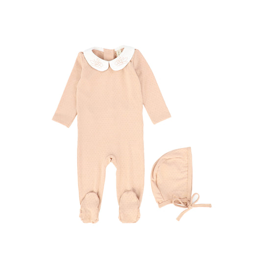 Bebe Jolee Peach Pointelle Embroidered Collar Footie With Bonnet [FINAL SALE]