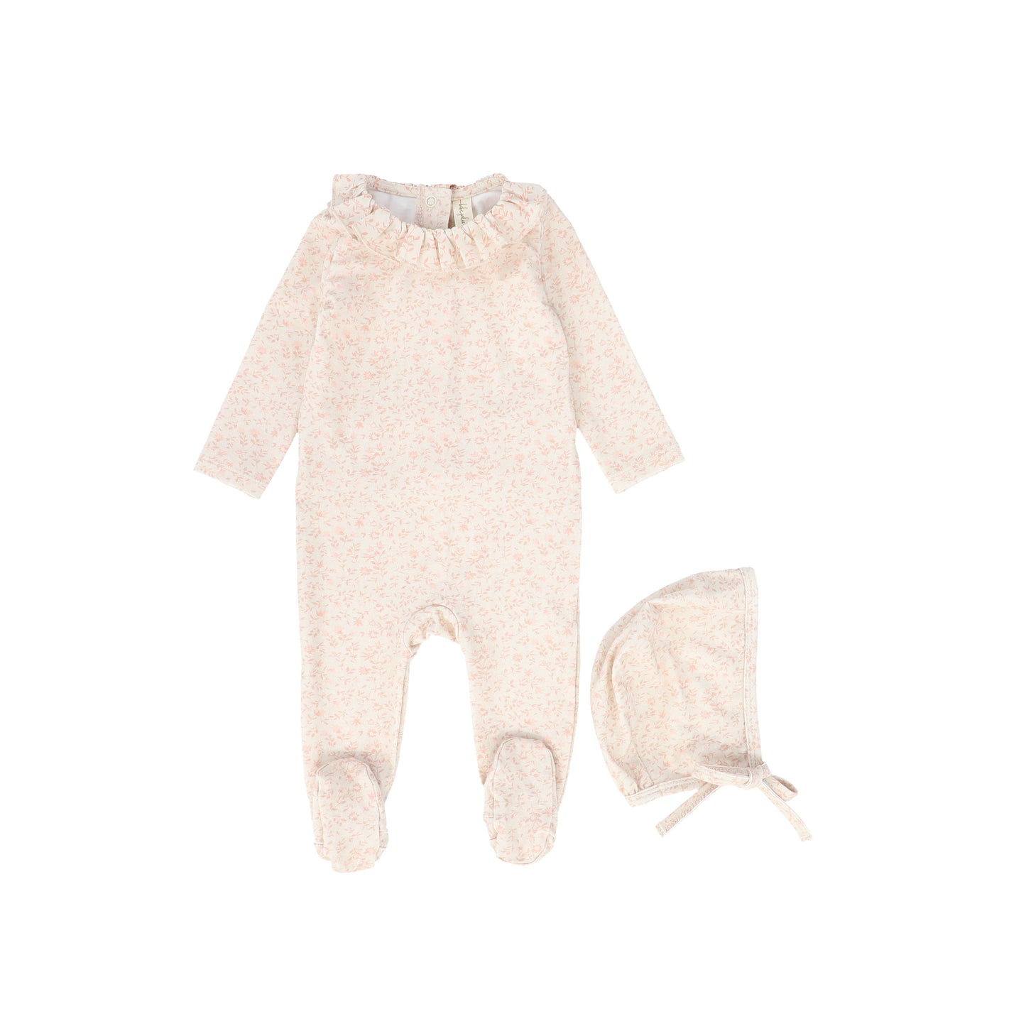 Bebe Jolee Beige Small Leaf Printed Ruffle Collar Footie With Bonnet [FINAL SALE]