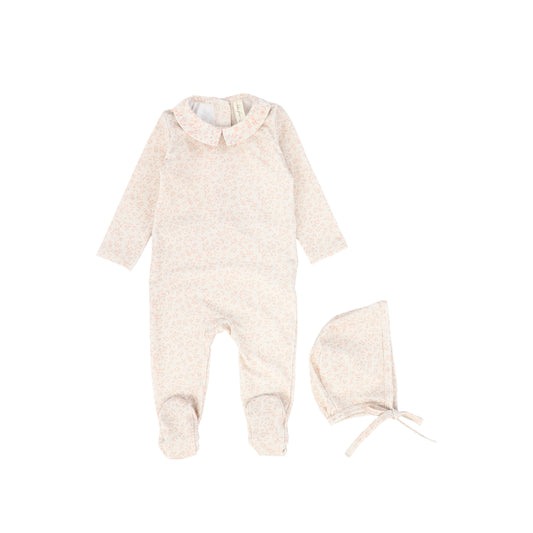 Bebe Jolee Beige Small Leaf Printed Footie With Bonnet [FINAL SALE]