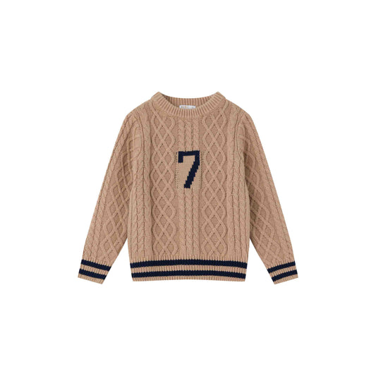 COCO BLANC TAN CABLE KNIT VARSITY SWEATER