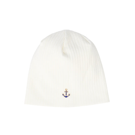 BEBE BEAUTE WHITE/BLUE RIBBED BOAT CHARM BEANIE