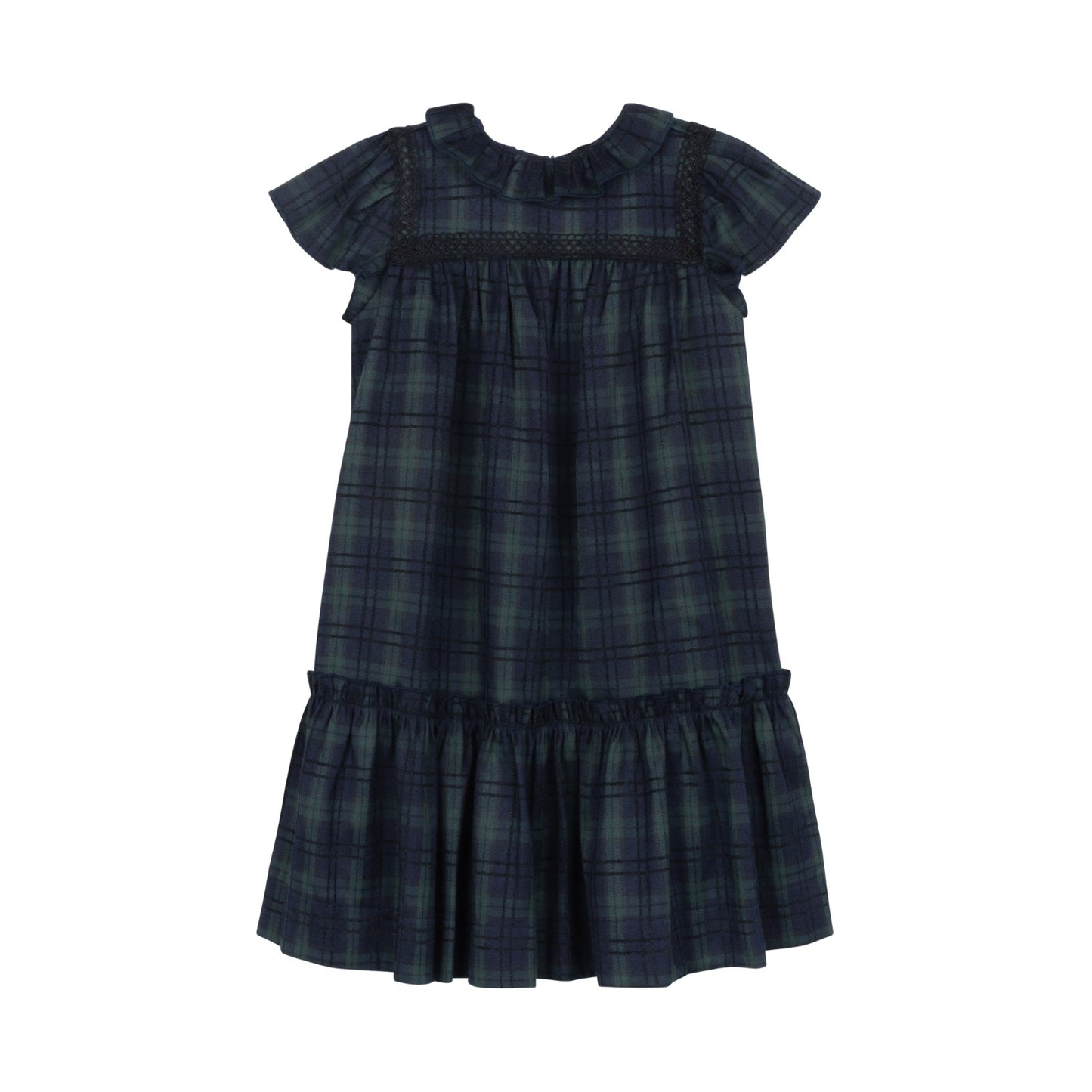 MADAME TI GREEN/BLUE PLAID RUFFLE COLLAR DRESS