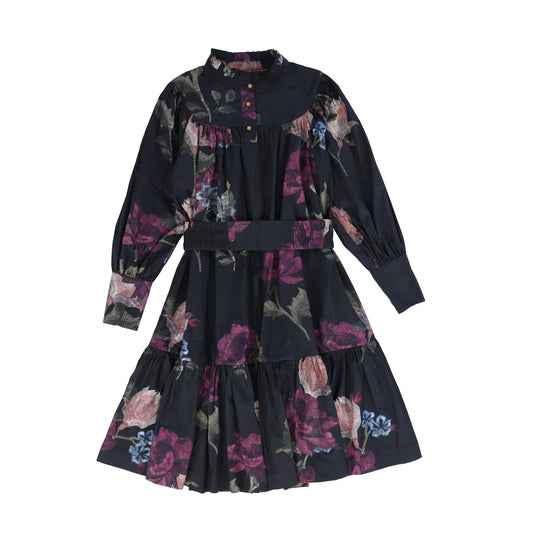 SWEET THREADS NAVY/PURPLE FLORAL TIERED DRESS