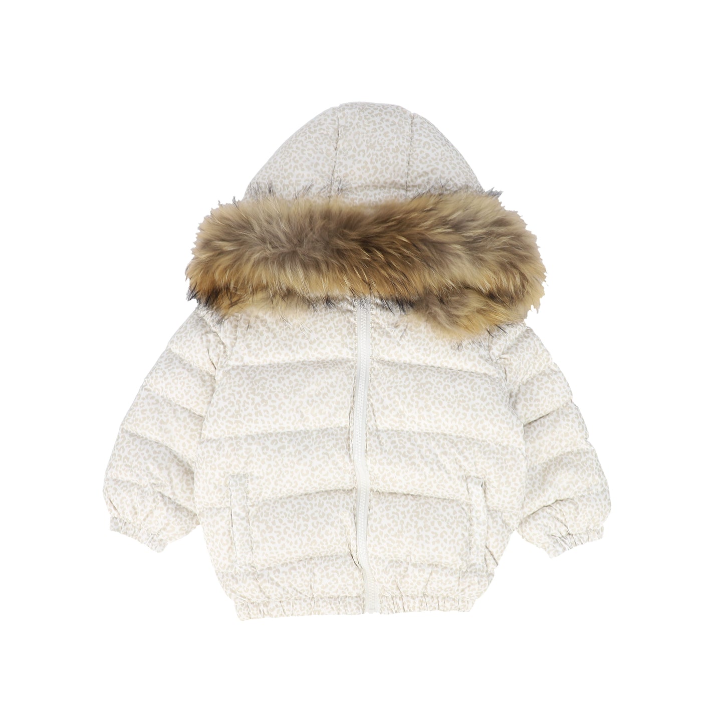 DENALI WHITE/BEIGE LEOPARD FUR TRIM PUFFER COAT