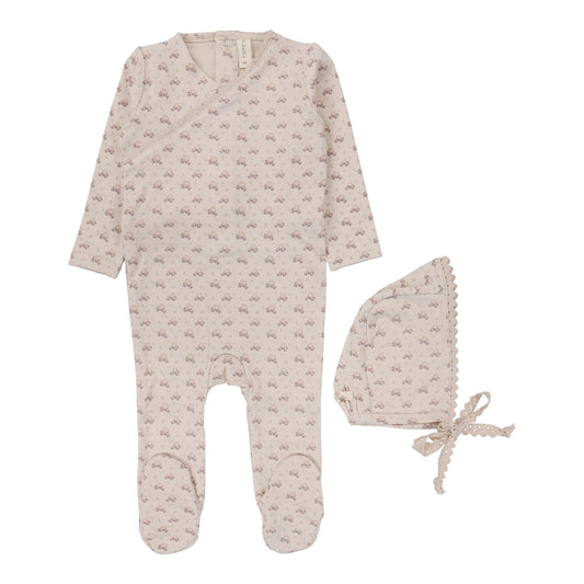 LILETTE NATURAL/MAUVE DOTTED FLORETTE FOOTIE SET