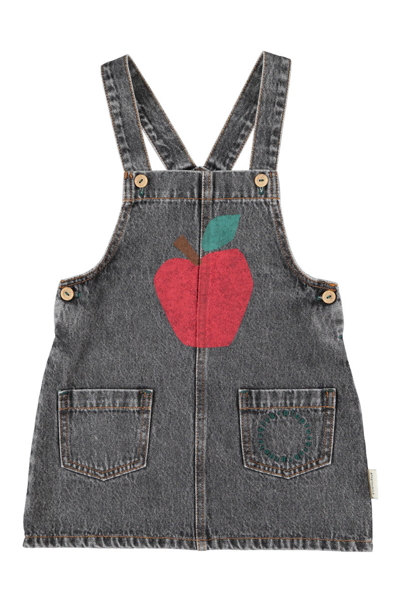 PIUPIUCHICK BLACK DENIM APPLE PRINT OVERALL DRESS