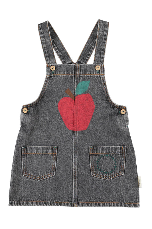 PIUPIUCHICK BLACK DENIM APPLE PRINT OVERALL DRESS