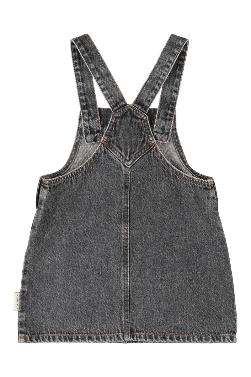 PIUPIUCHICK BLACK DENIM APPLE PRINT OVERALL DRESS