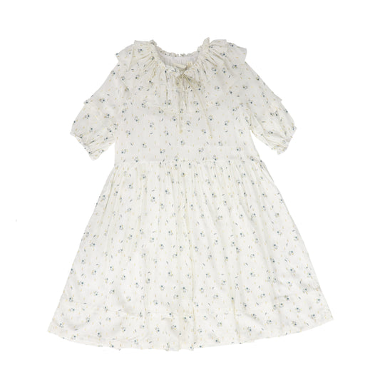 COSMOSOPHIE WHITE / BLUE FLORAL PRINTED RUFFLE COLLAR DRESS