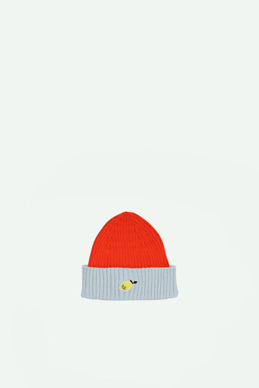 STICKY LEMON ORANGE/BLUE RIBBED KNIT BEANIE