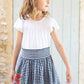 TARTINE ET CHOCOLAT NAVY PLAID EMBROIDERED FLOWER PATCH SKIRT [FINAL SALE]