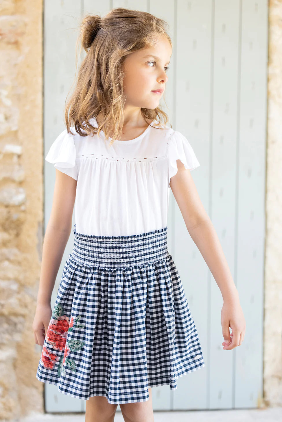 TARTINE ET CHOCOLAT NAVY PLAID EMBROIDERED FLOWER PATCH SKIRT [FINAL SALE]