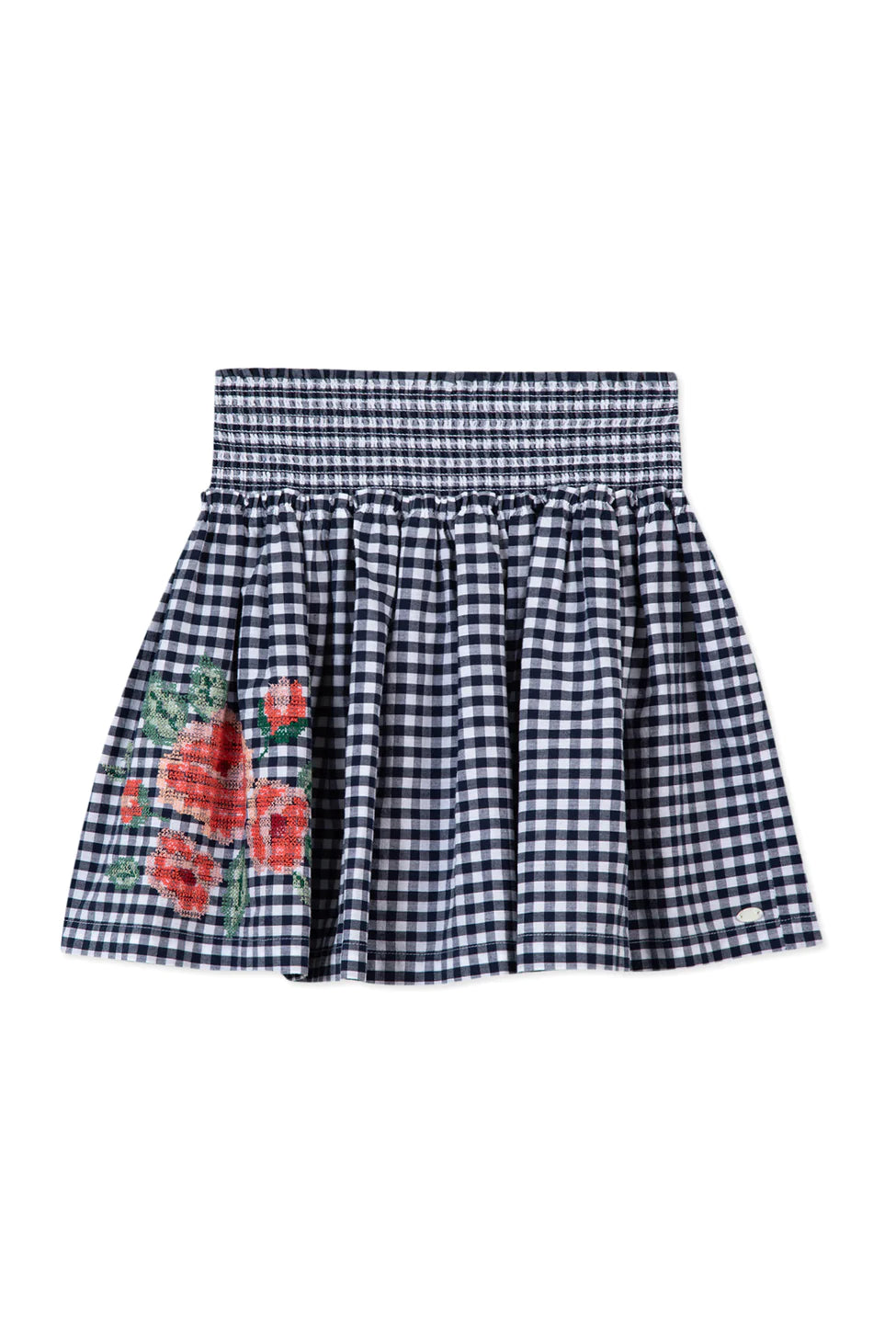 TARTINE ET CHOCOLAT NAVY PLAID EMBROIDERED FLOWER PATCH SKIRT [FINAL SALE]