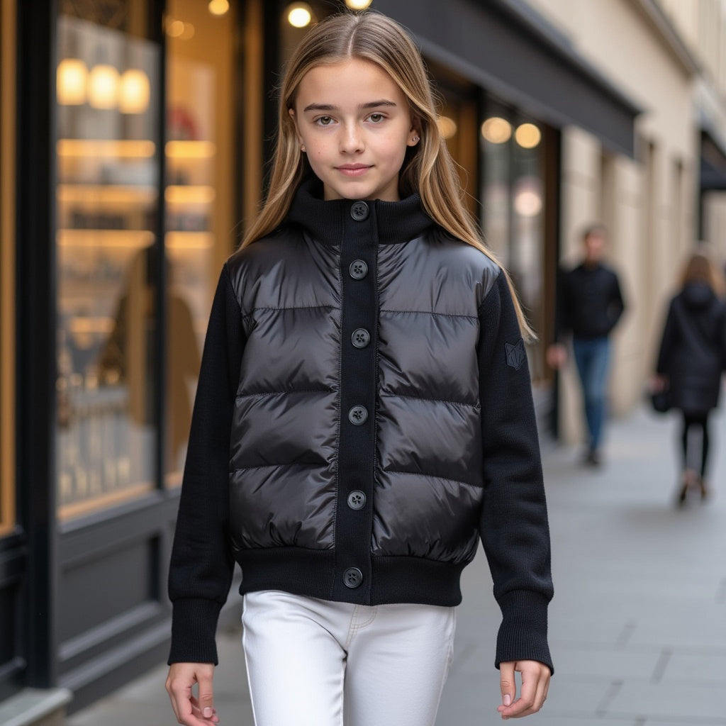 SCOTCH BONNET BLACK KNIT/PUFFER BUTTON COAT