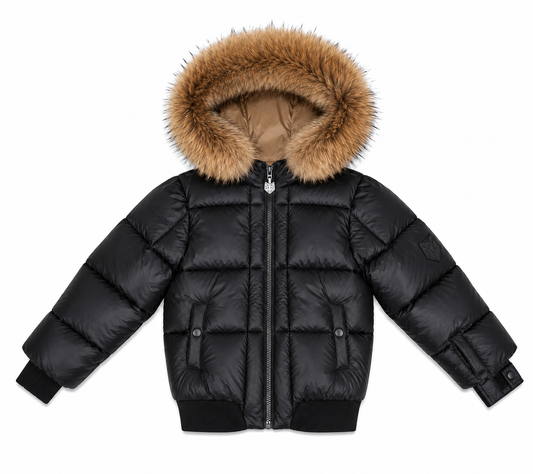 SCOTCH BONNET BLACK/NATURAL FUR TRIM PUFFER COAT