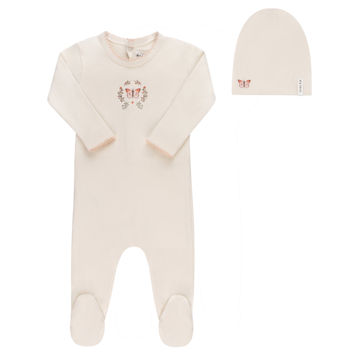 ELY'S & CO IVORY/PINK GARDEN CENTER FOOTIE + BEANIE