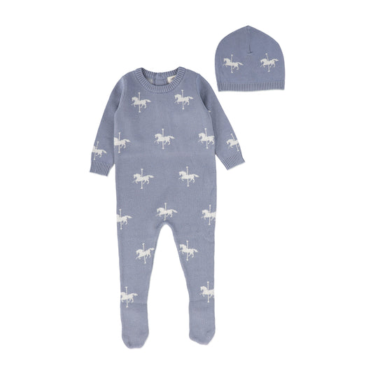 BEE & DEE DUSTY BLUE KNIT CAROUSEL FOOTIE + BONNET