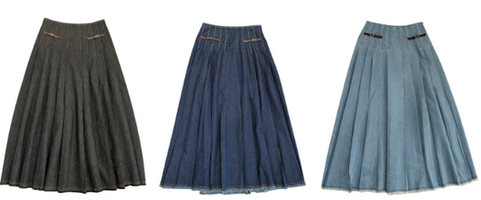 VALENTINA BLUE DENIM LEATHER BUCKLE PLEAT SKIRT