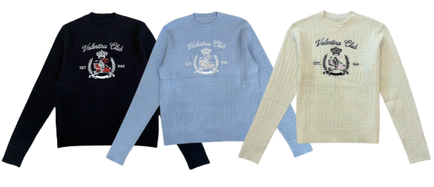 VALENTINA NAVY HORSE PRINT CABLE SWEATER