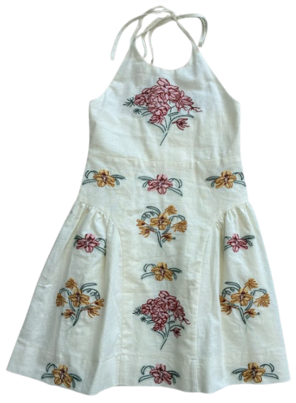VALENTINA CREAM LINEN FLORAL APPLIQUE DRESS