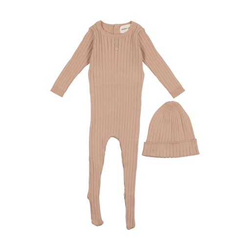 MEMA KNITS PINK RIBBED KNIT FOOTIE AND BEANIE