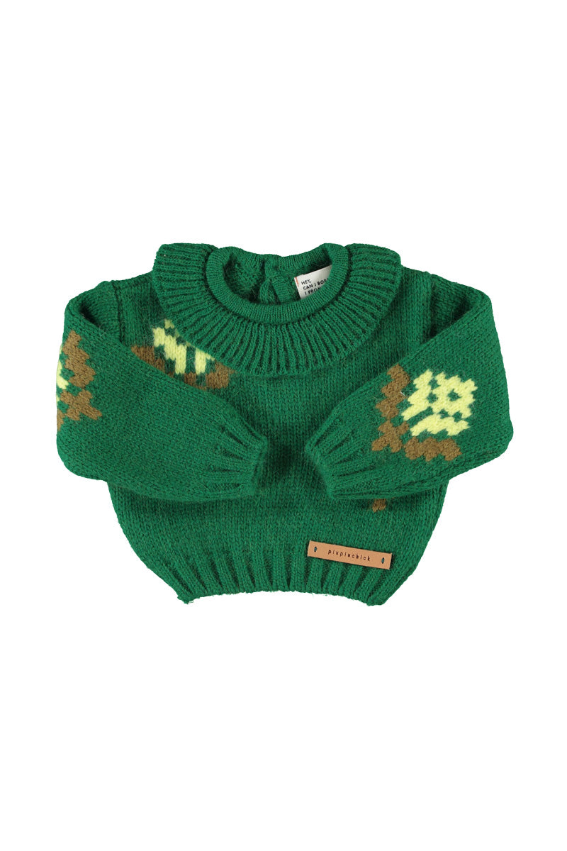 PIUPIUCHICK FOREST GREEN FLOWER PRINT RUFFLE COLLAR SWEATER