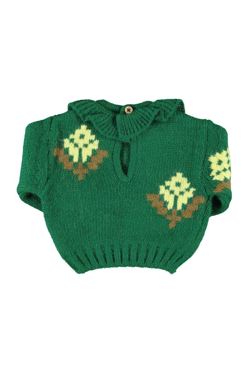 PIUPIUCHICK FOREST GREEN FLOWER PRINT RUFFLE COLLAR SWEATER