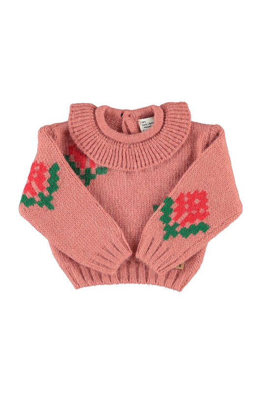 PIUPIUCHICK CORAL FLOWER PRINT RUFFLE COLLAR SWEATER