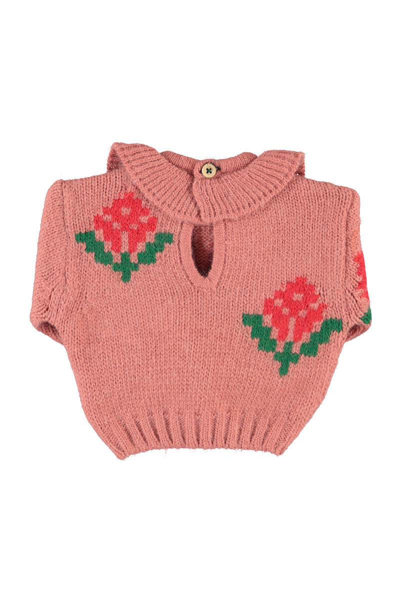 PIUPIUCHICK CORAL FLOWER PRINT RUFFLE COLLAR SWEATER