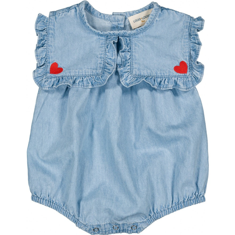 LOUIS LOUISE BLUE DENIM HEART BIB COLLAR ROMPER