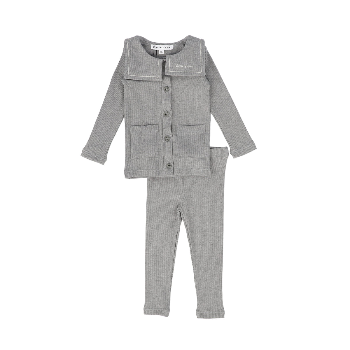LITTLE PARNI GREY BIB COLLARED BUTTON CARDIGAN SET