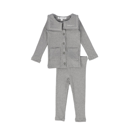 LITTLE PARNI GREY BIB COLLARED BUTTON CARDIGAN SET