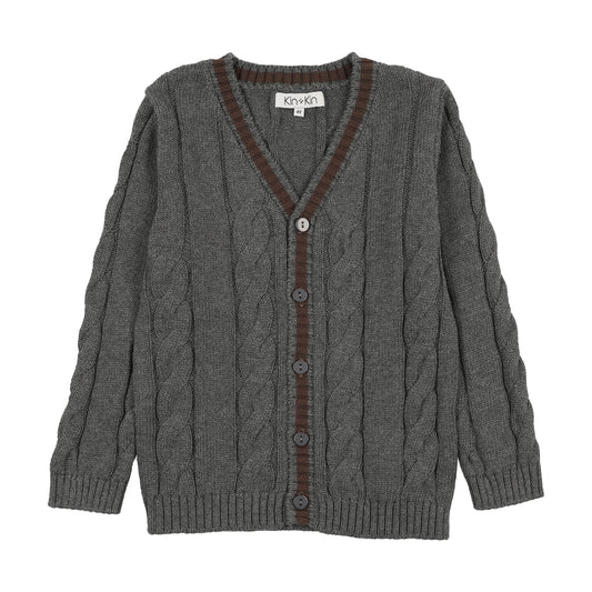KIN & KIN GREY/BROWN TRIM KNIT CARDIGAN