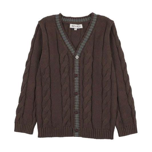 KIN & KIN BROWN/GREY TRIM KNIT CARDIGAN