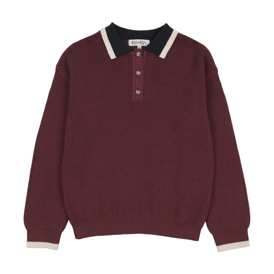 KIN & KIN BURGUNDY/NAVY KNIT POLO SWEATER