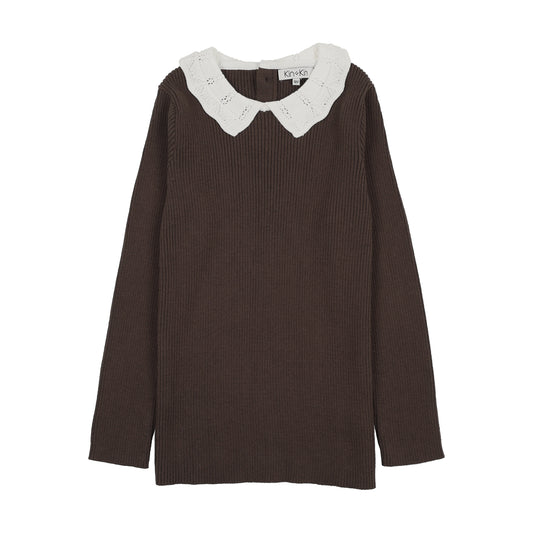 KIN & KIN BROWN CONTRAST COLLAR KNIT SWEATER