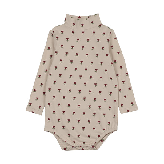KIN & KIN BURGUNDY TULIP PRINT MOCKNECK ONESIE