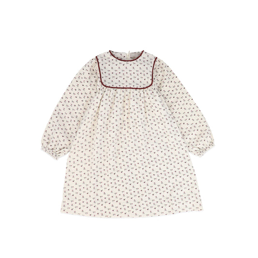 ONE CHILD CREAM/BURGUNDY FLORAL PIPED TRIM DRESS [FINAL SALE]