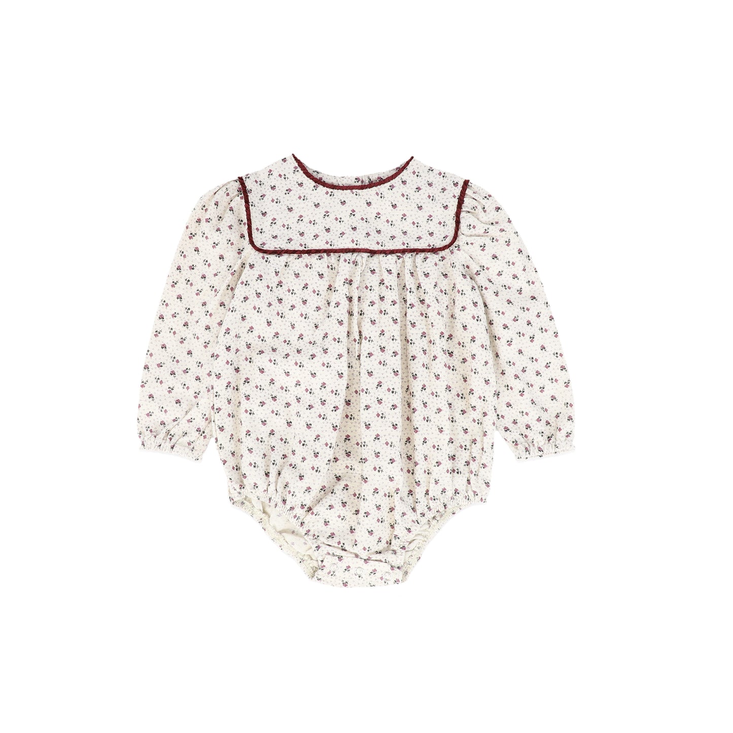 ONE CHILD CREAM/BURGUNDY FLORAL PIPED TRIM ROMPER [FINAL SALE]