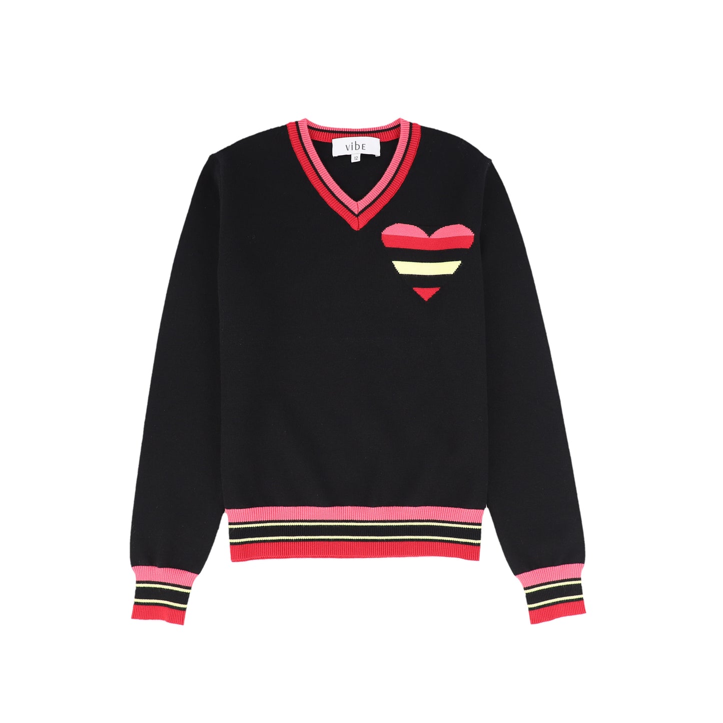 VIBE BLACK KNIT STRIPED HEART SWEATER