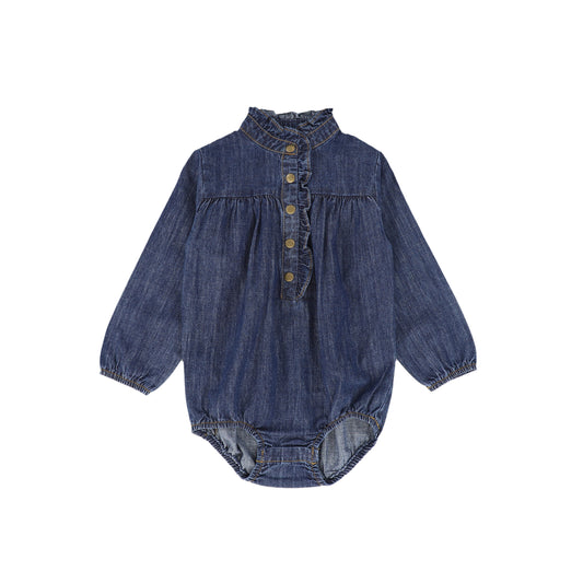 PHIL AND PHOEBE BLUE DENIM RUFFLE TRIM ROMPER