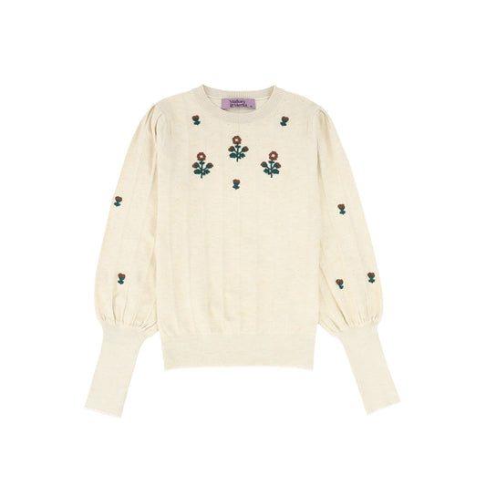 MALLORY AND MERLOT OATMEAL STRIPED KNIT EMBROIDERED FLOWER SWEATER [FINAL SALE]