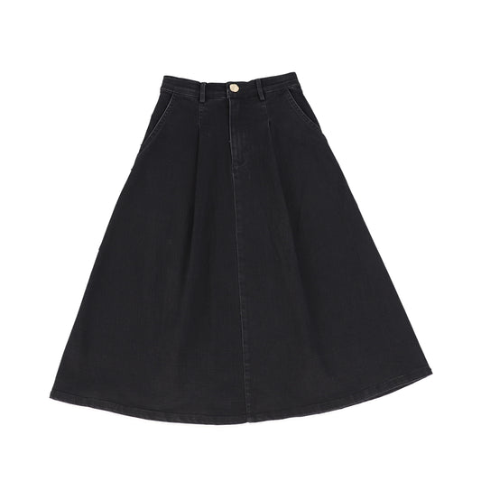 PETITE AMALIE BLACK DENIM PLEAT FRONT FLARE SKIRT [FINAL SALE]